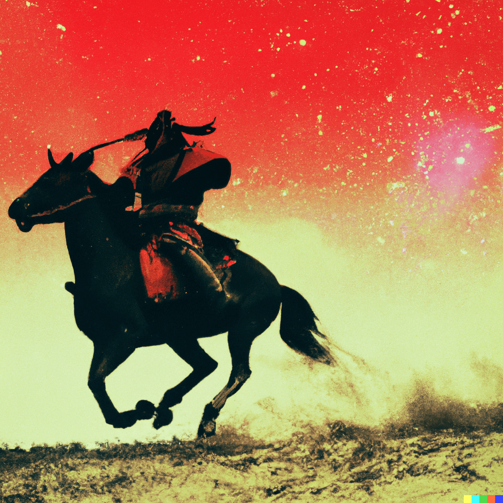 Samurai die op een paard rijdt op Mars